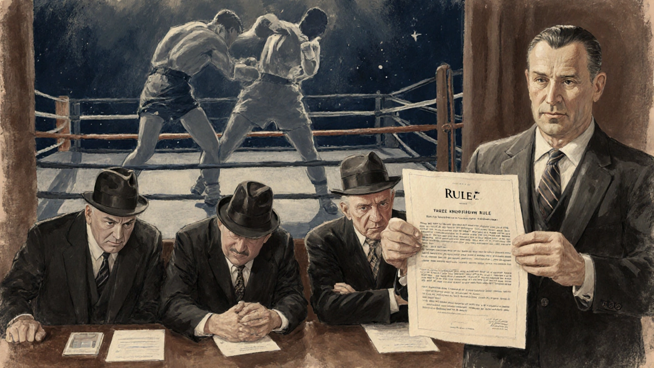 1930s‑style oil painting of officials discussing the three‑knockdown rule, with a faded ring scene behind them.