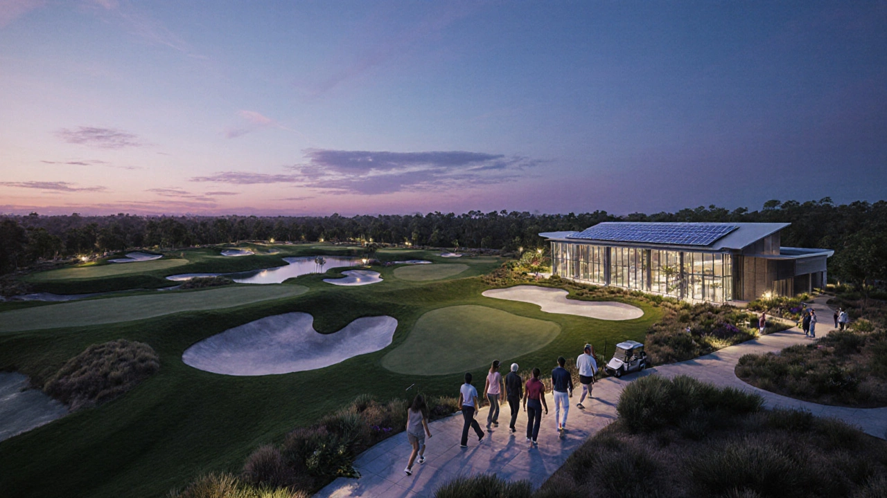A modern golf resort showing three interlocking nine‑hole loops under a twilight sky.