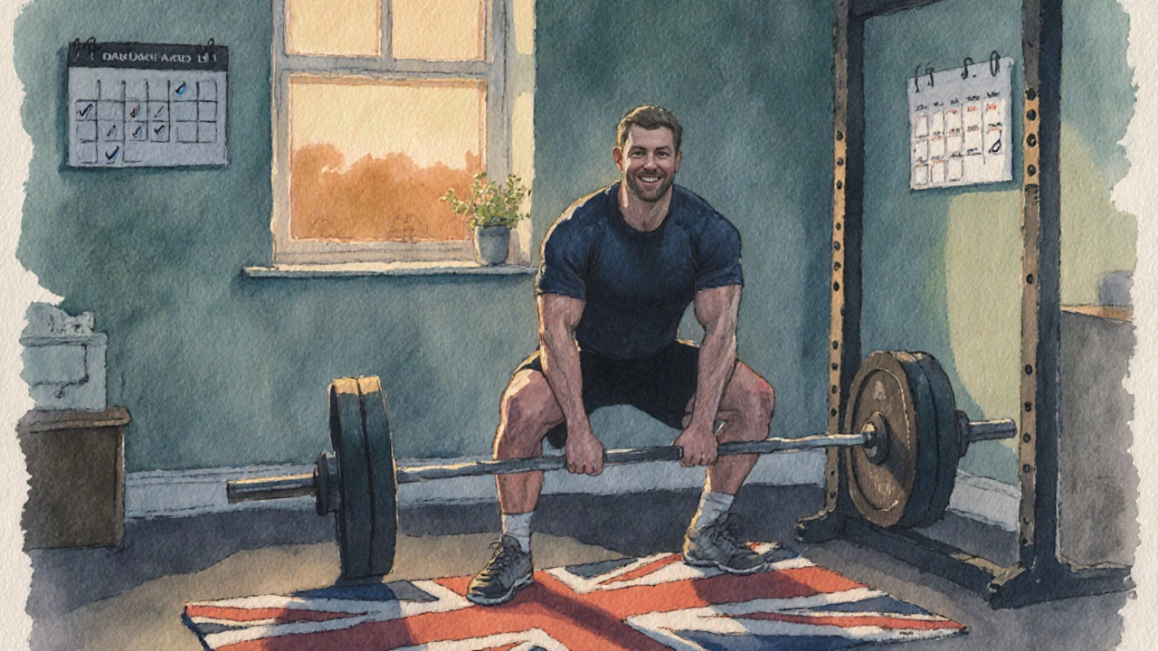 A satisfied lifter stands beside a heavily loaded barbell in a cozy home gym at dusk.