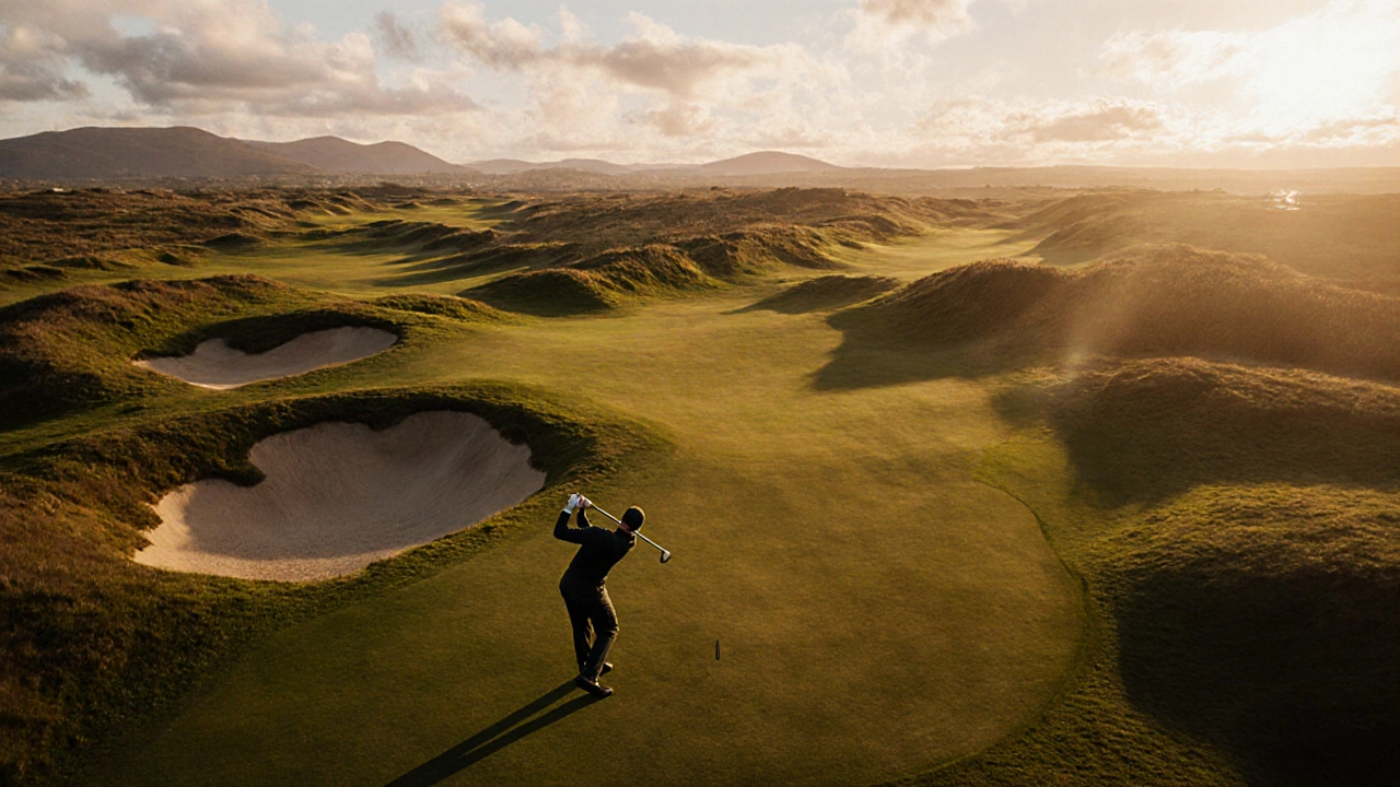 Aerial sunrise view of Muirfield with a modern golfer swinging near historic bunkers.