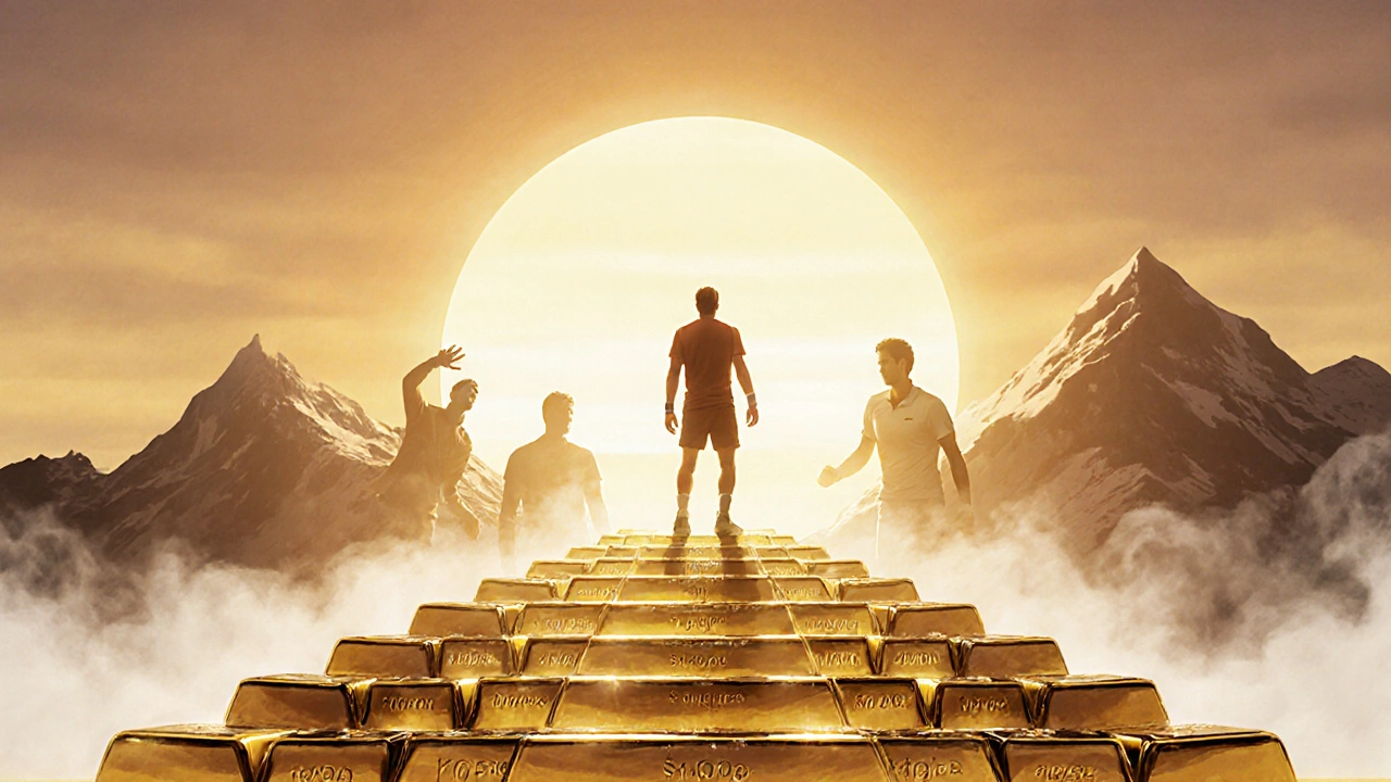 Alcaraz on a gold‑bar staircase under a sunrise, with silhouettes of tennis legends behind.
