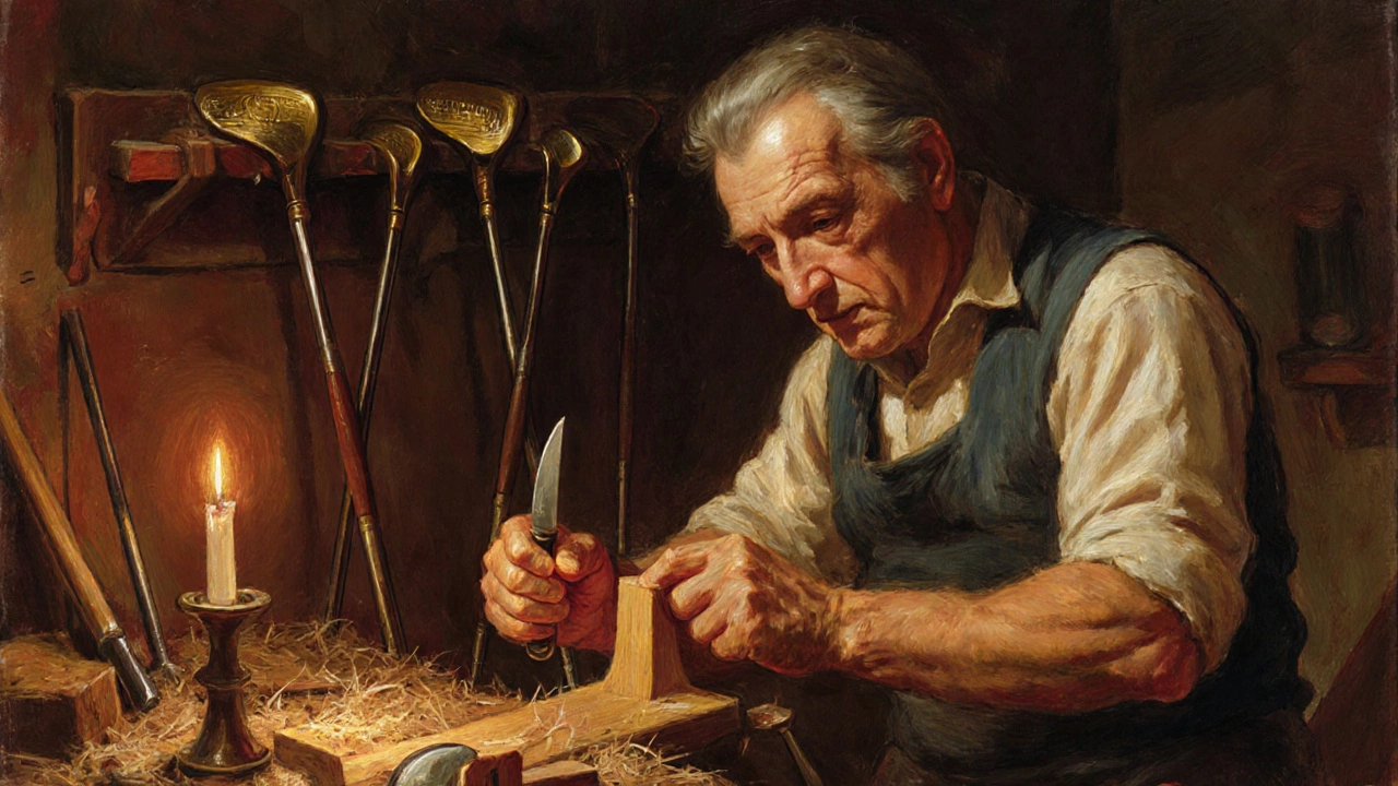 Allan Robertson carving a wooden golf club in a candlelit 1850s workshop.