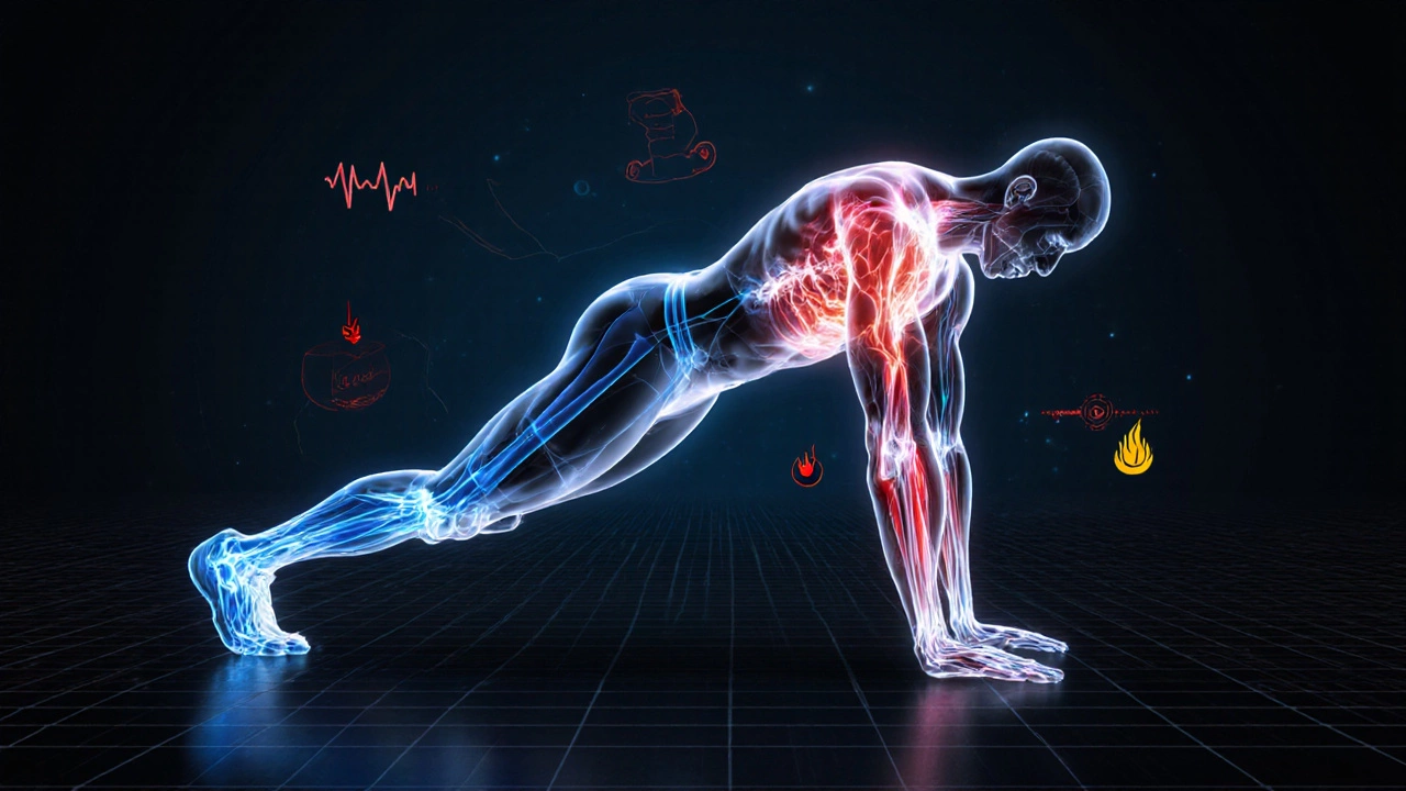 Athlete mid‑burpee with glowing muscle outlines and heartbeat icons.