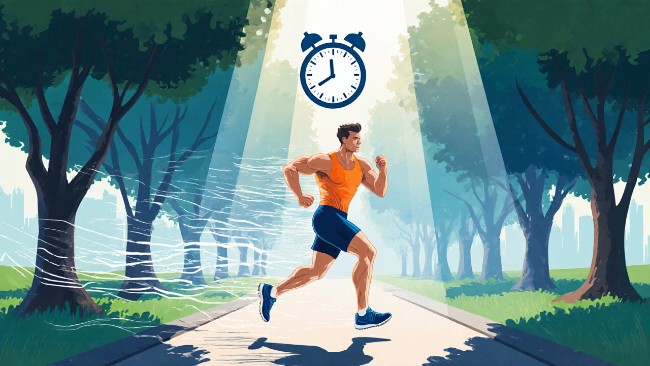 Athlete sprinting during a HIIT interval on a sunlit park path, showing motion and effort.