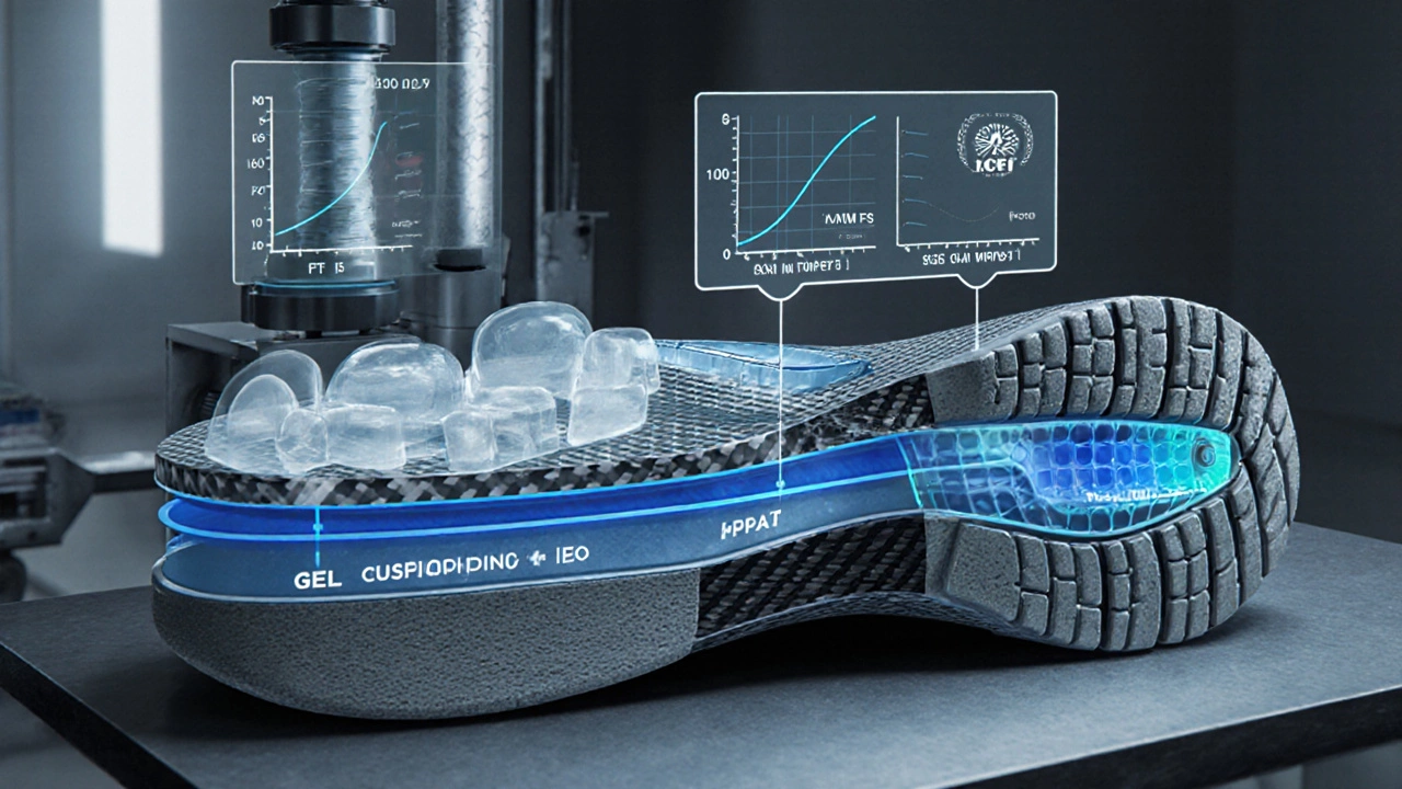 Close‑up illustration of a shoe sole showing carbon‑fiber plate, cushioning, and certification icons.