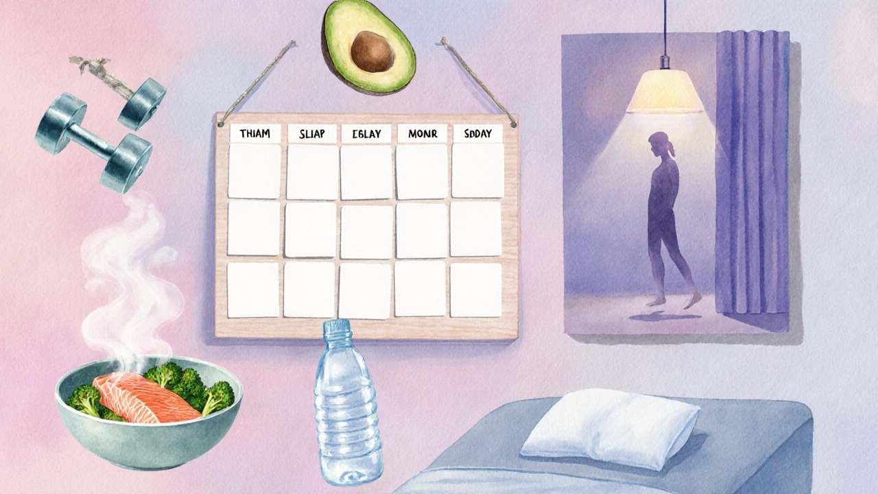 Collage of a 30‑day weight‑loss routine showing meals, dumbbells, sleep, water bottle, and progress silhouette.