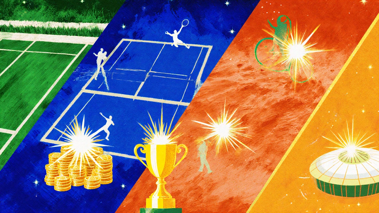 Collage of tennis tournaments showing cash stacks and trophies representing prize money.