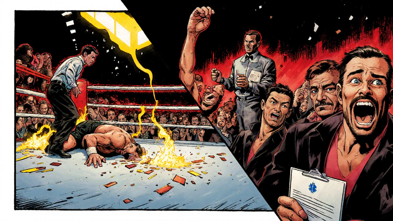Comic‑book panel showing a referee stopping a bout after the third knockdown, with dramatic colors and speed lines.