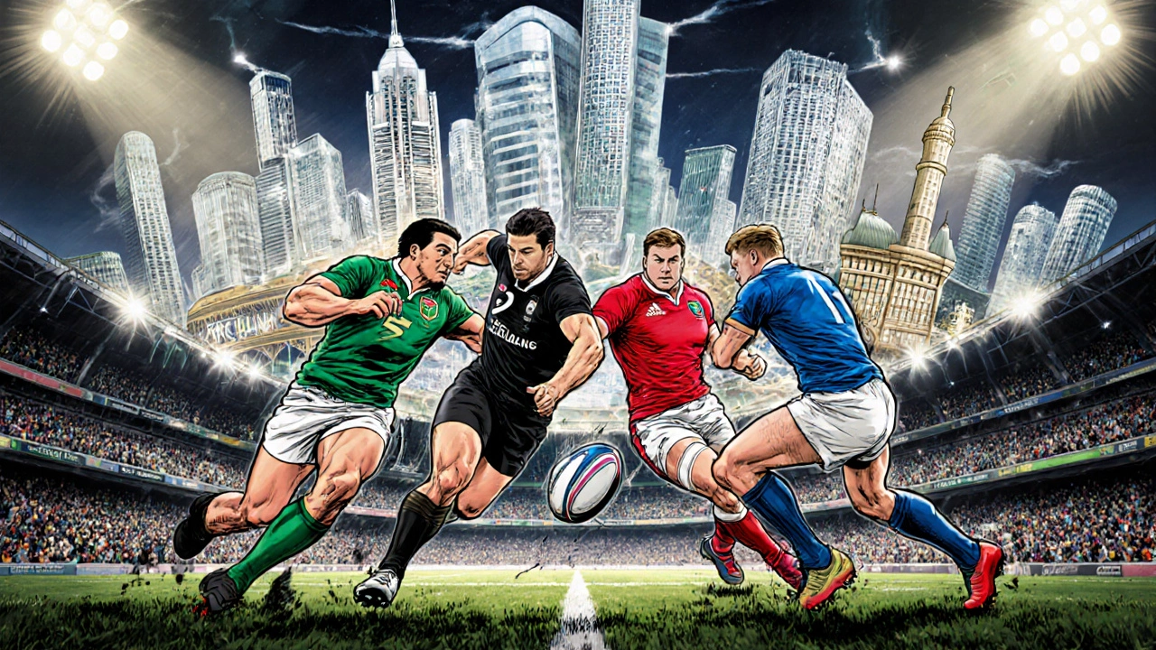 Comic‑style rugby showdown with players from six leading countries on a merged stadium field.