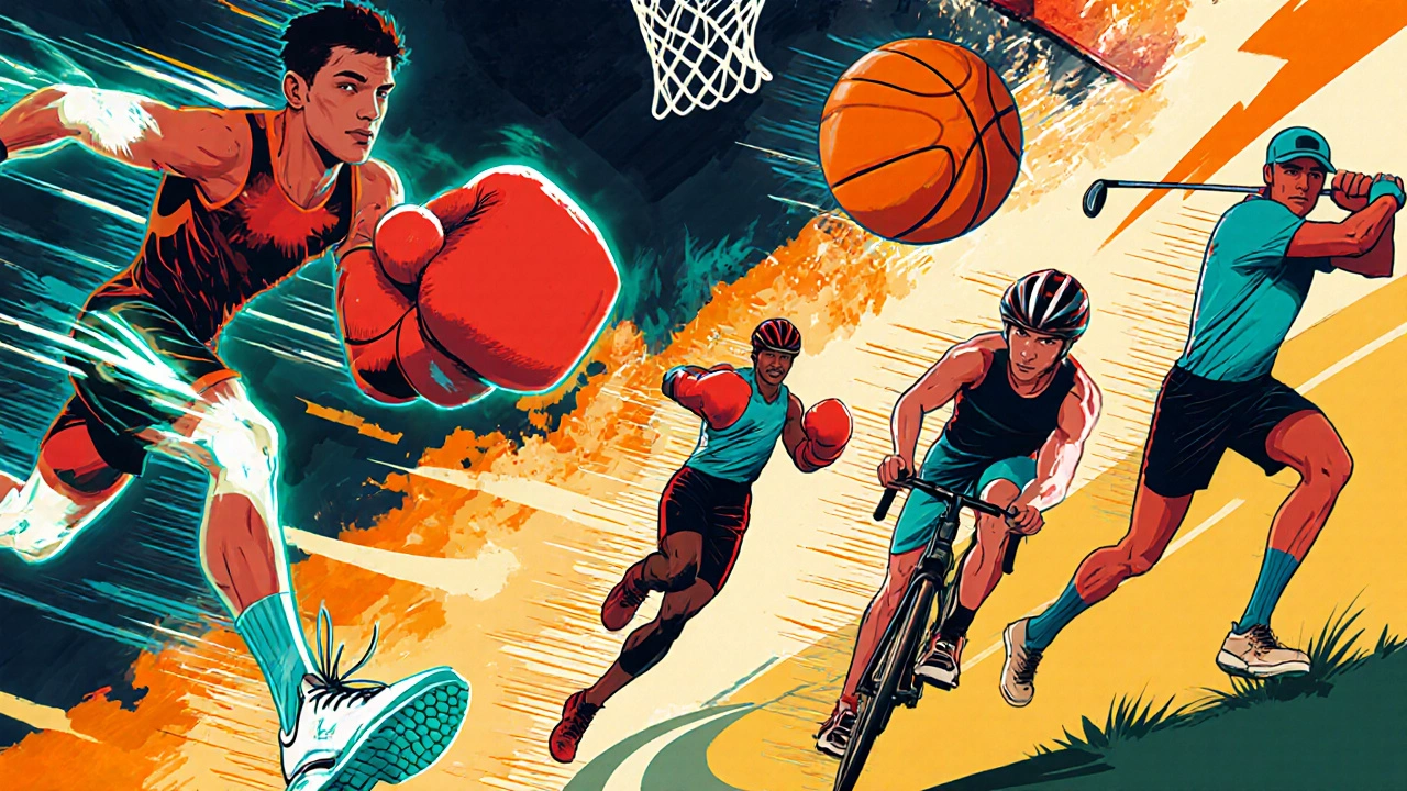 Comic‑style scene showing athletes with running shoes, basketball, gloves, helmet, and golf club.