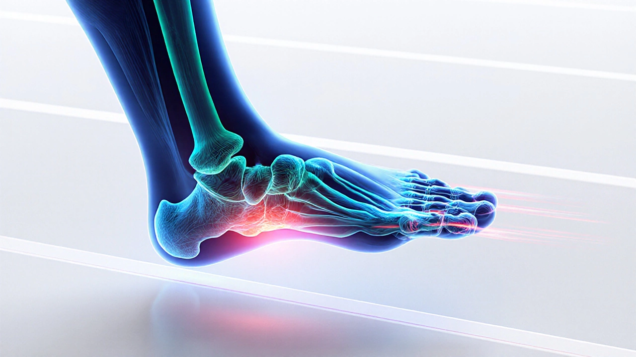 Detailed foot on track showing muscles and highlighted injury areas.
