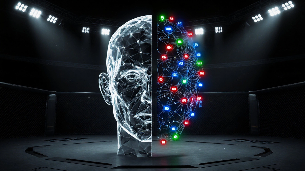 Digital art of a split head showing a boxer's single focus and an MMA fighter's complex strategy network.