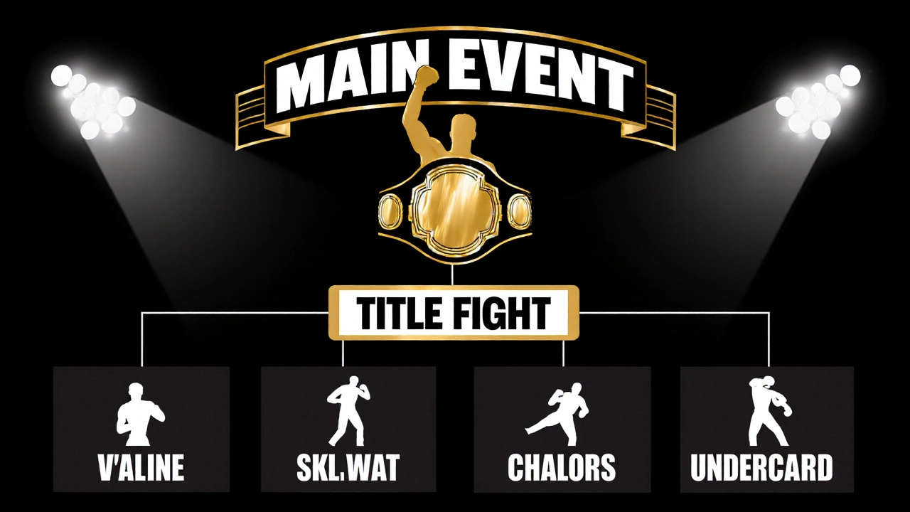 Fight‑card poster showing main event champion, title fight belt, and undercard bouts.