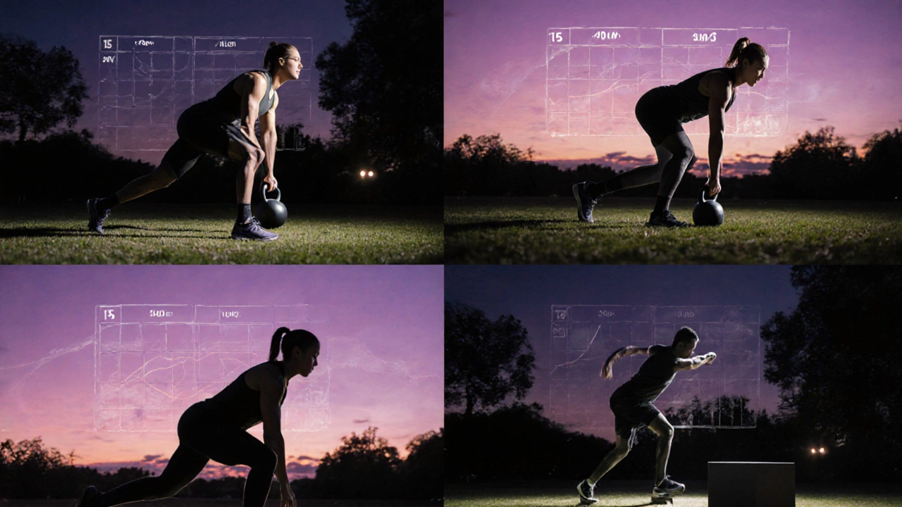Four athletes performing different burpee variations in a park at dusk.