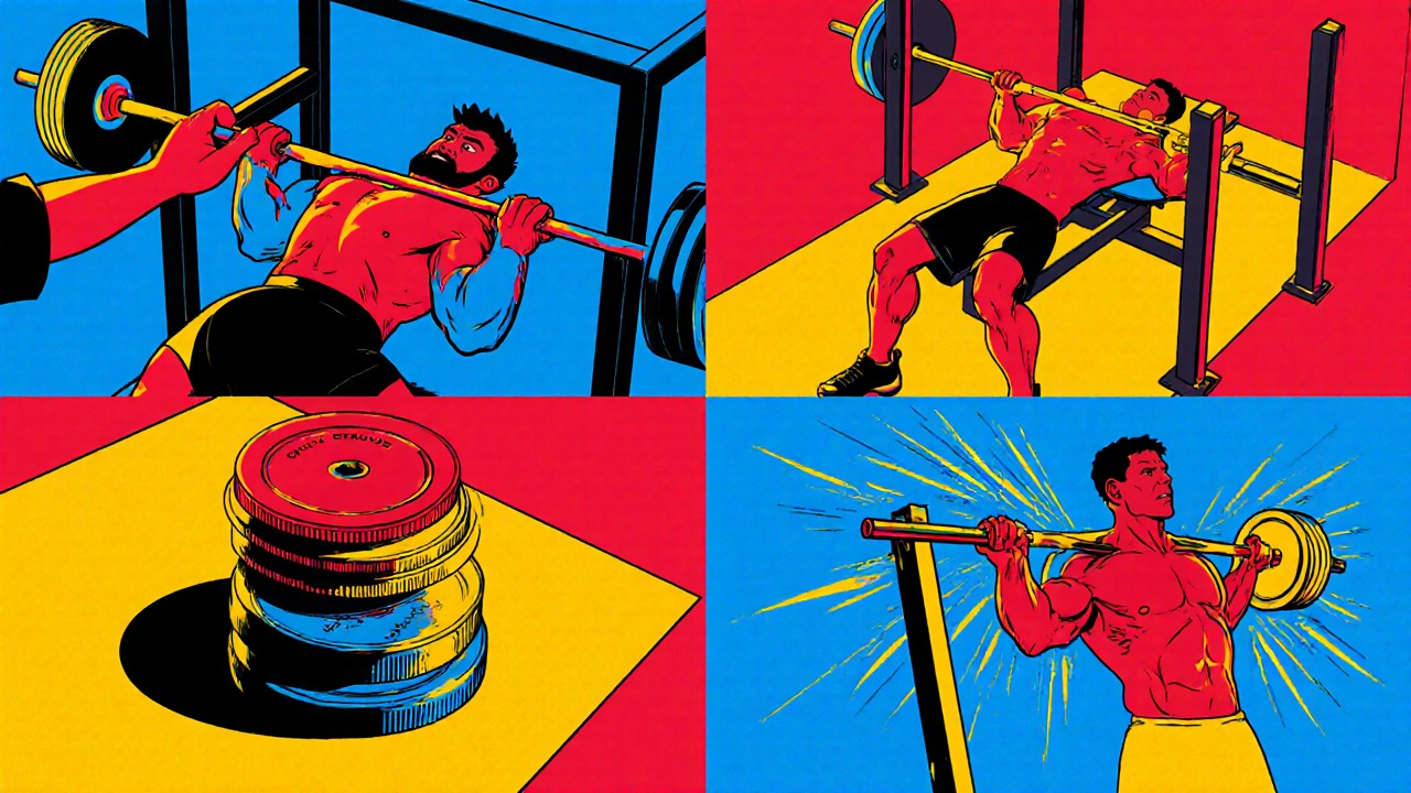 Four gym corners showing squat, bench press, deadlift, and overhead press with progressively heavier plates.