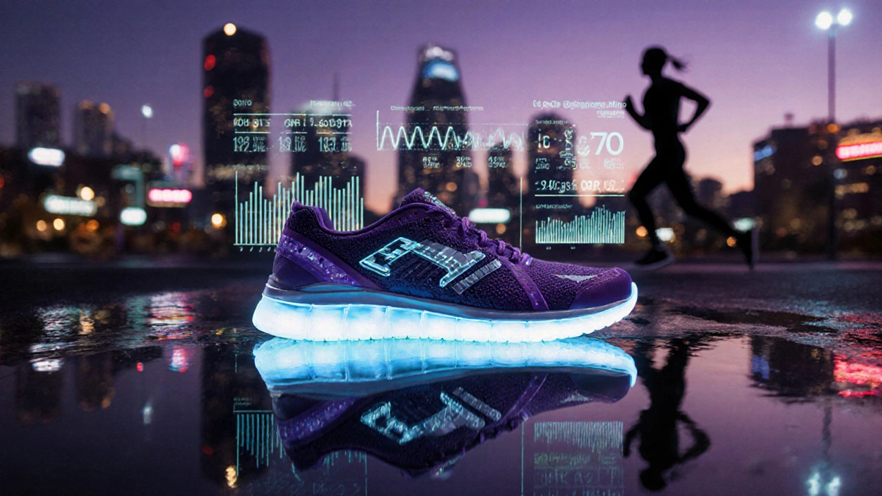 Futuristic smart shoe glowing with data holograms against a neon city backdrop.