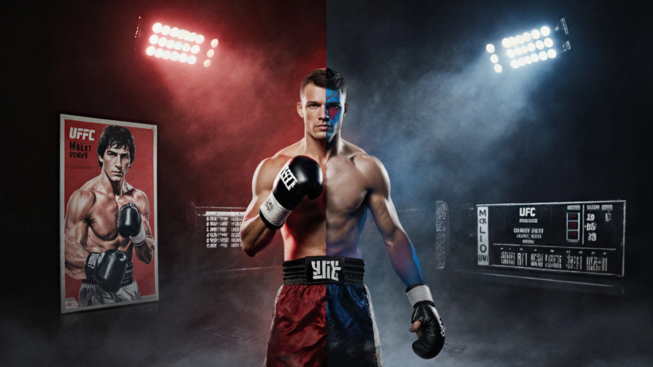 Hybrid fighter with half boxing glove, half MMA glove standing before mixed collage of sport icons.