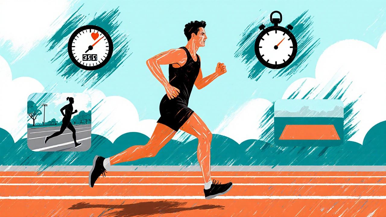 Illustrated collage of weekly training: long runs, intervals, heart‑rate zones.