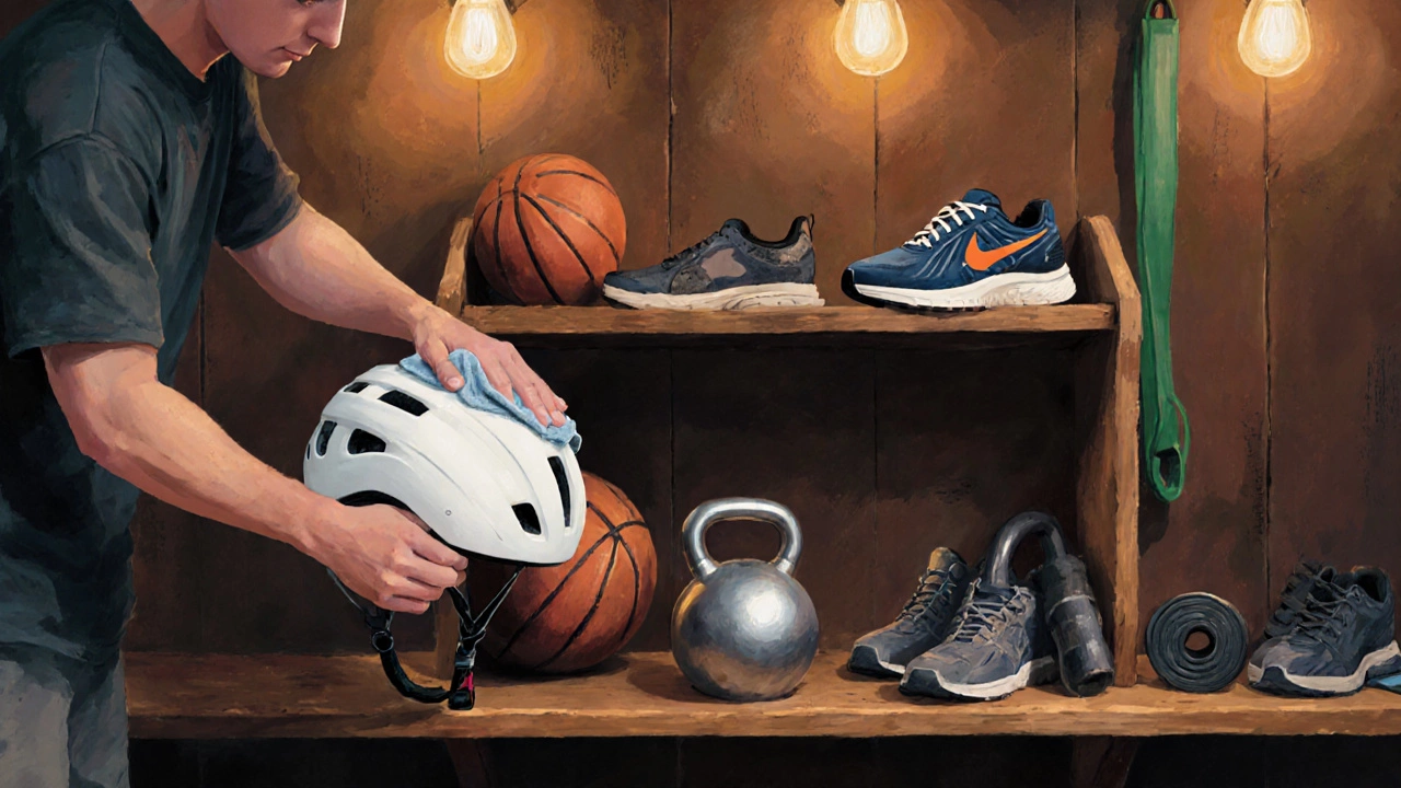 Illustration of a person cleaning a helmet and arranging shoes and training gear in a garage.