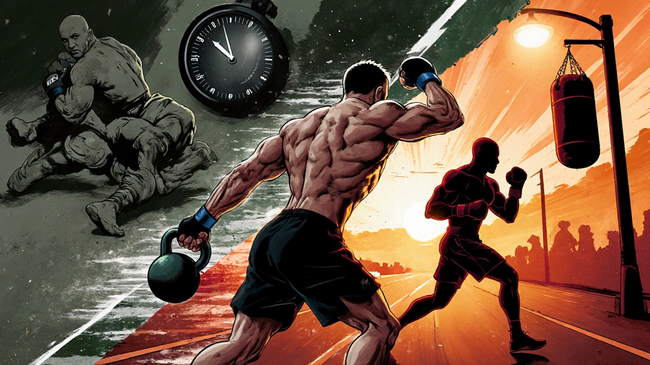 Illustration of a UFC athlete doing kettlebell swings and a boxer running and punching heavy bag, showing contrasting training.