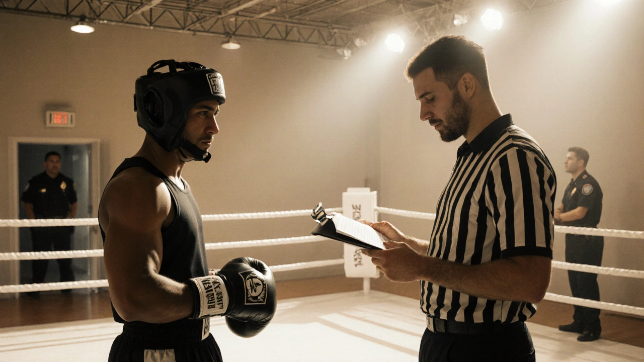 Legitimate boxing gym with a referee, medical paperwork, and a fighter in gloves.