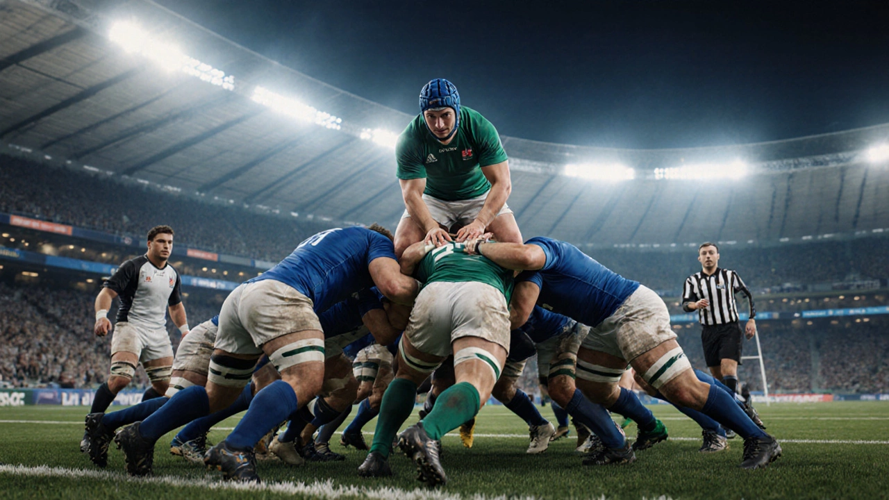 Modern match action showing a player lifted to stabilize a scrum under stadium lights.