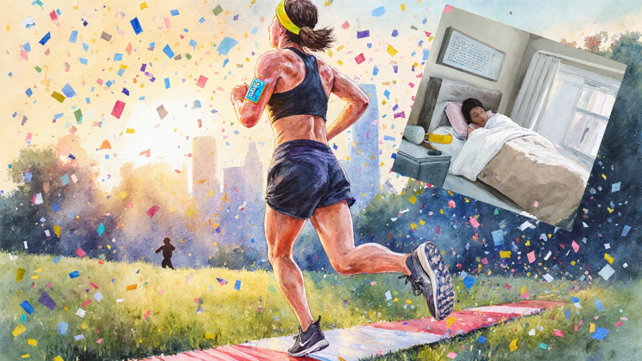 Runner crossing half‑marathon finish line with recovery symbols in background.