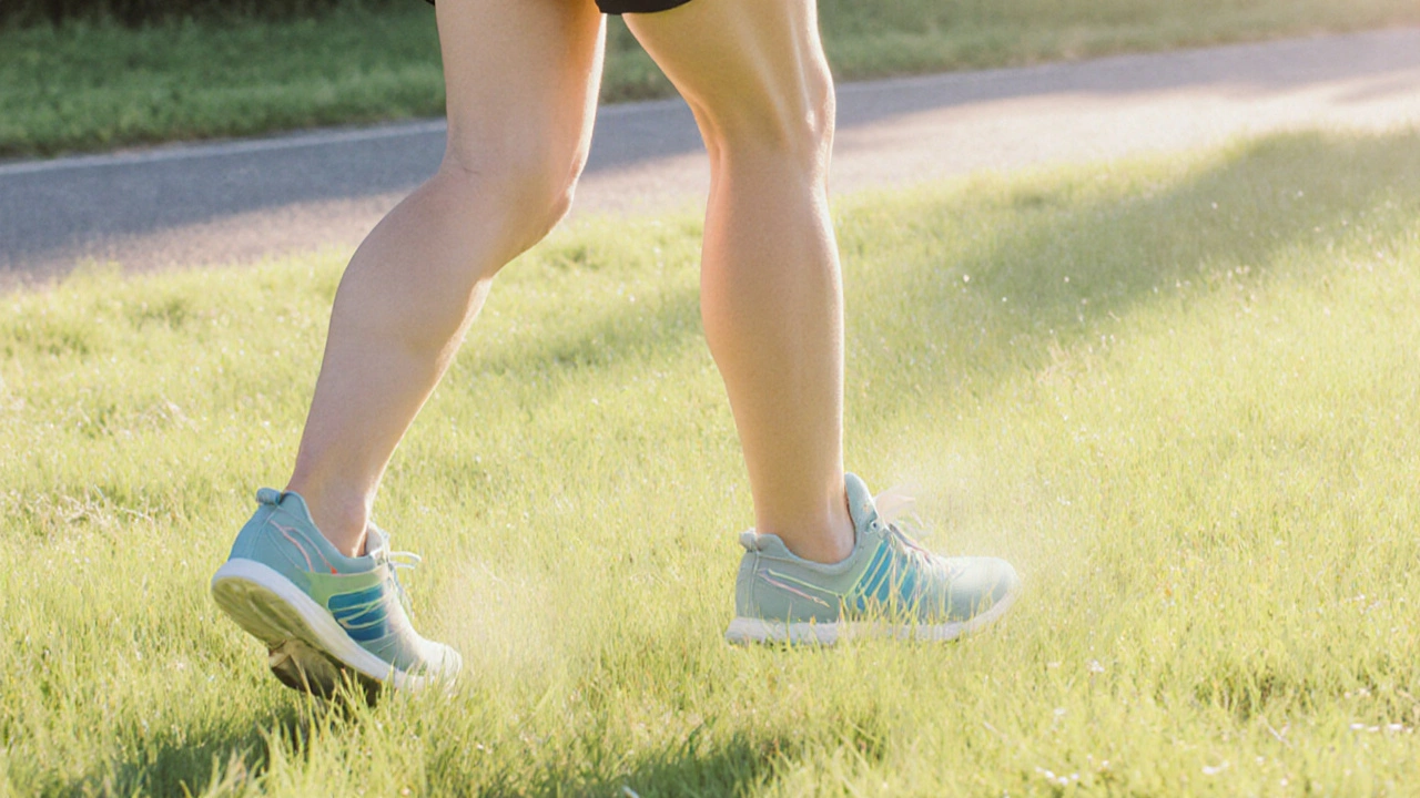Runner in casual sneakers jogging on a grassy field, showing thin sole on soft terrain.