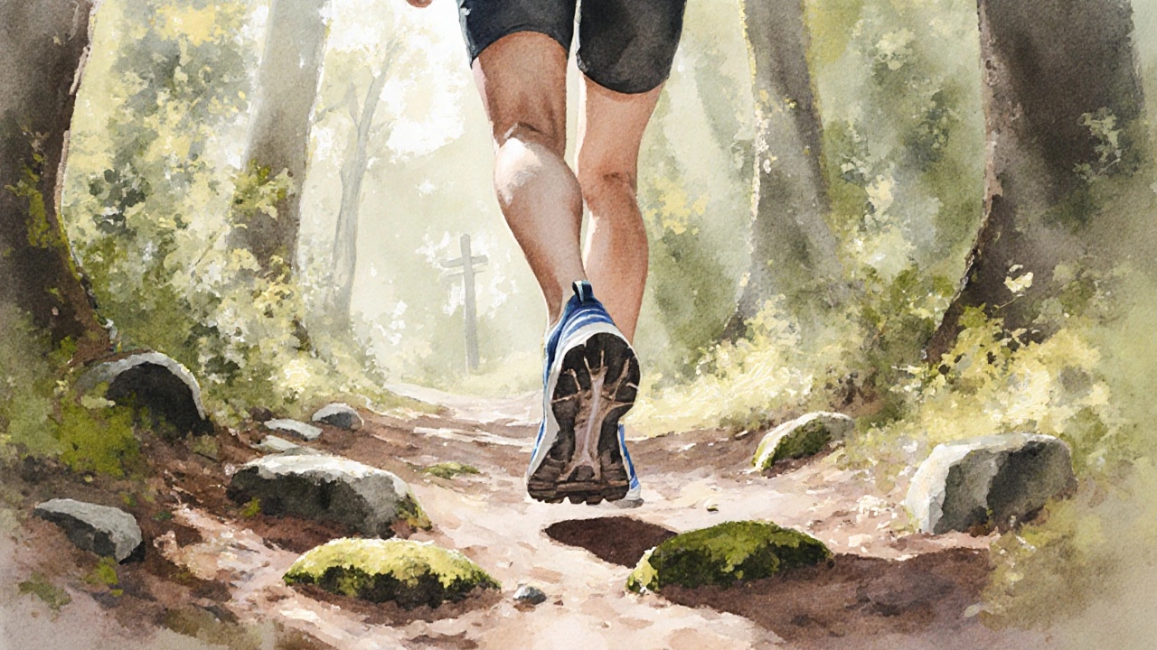 Runner in minimalist shoes on forest trail, sunlight through trees.