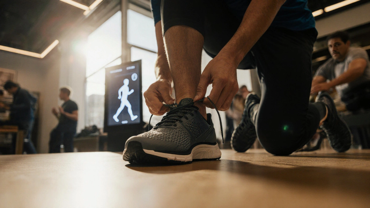 Runner lacing a modern running shoe in a specialty store with a gait‑analysis screen in background.