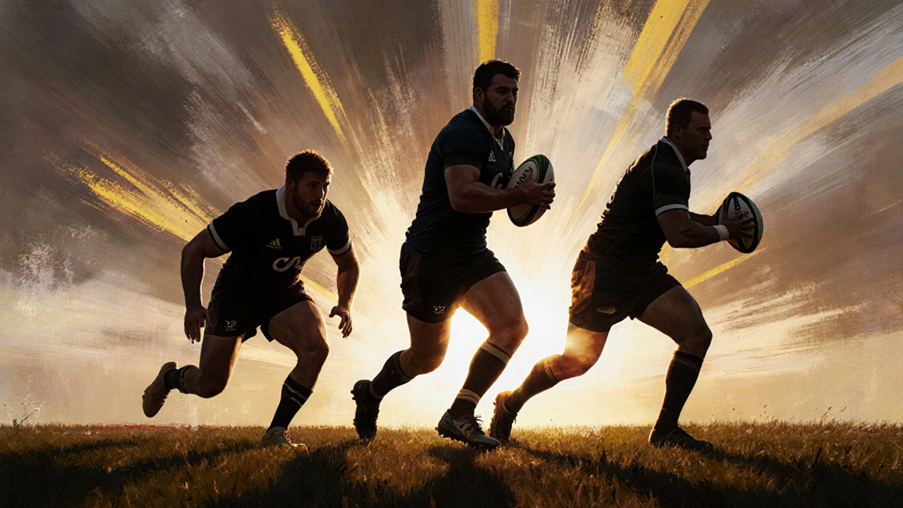 Silhouettes of Warburton, Thurston, and Gallen against sunrise.