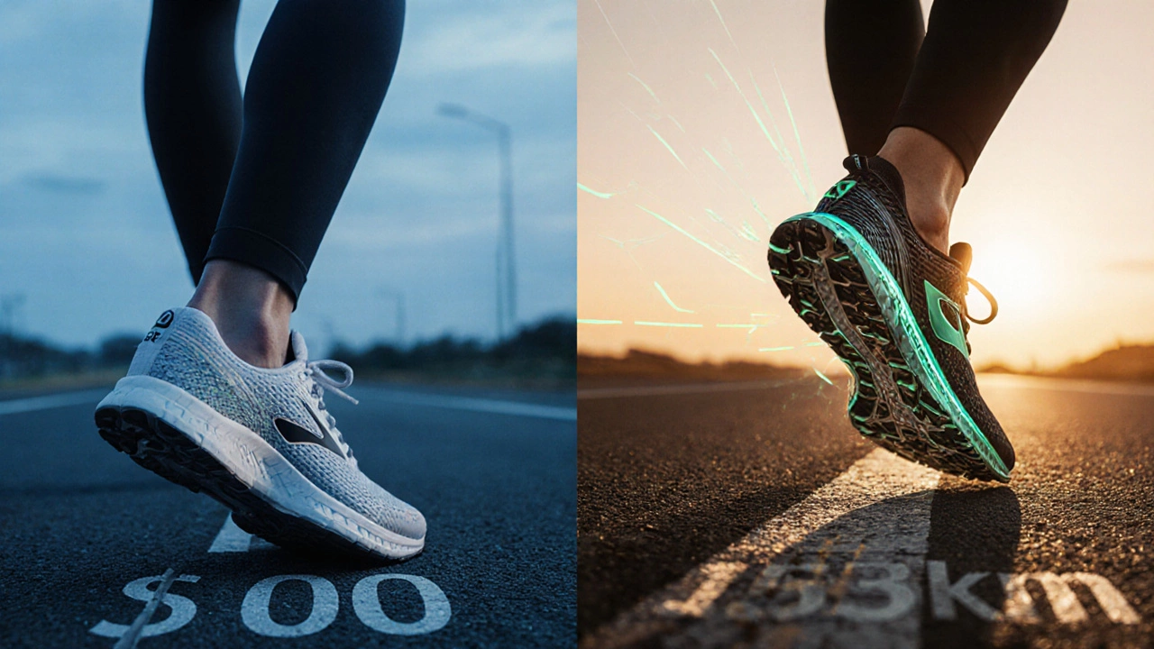 Split image comparing affordable running shoes with high-end carbon-plated racing shoes on a road.
