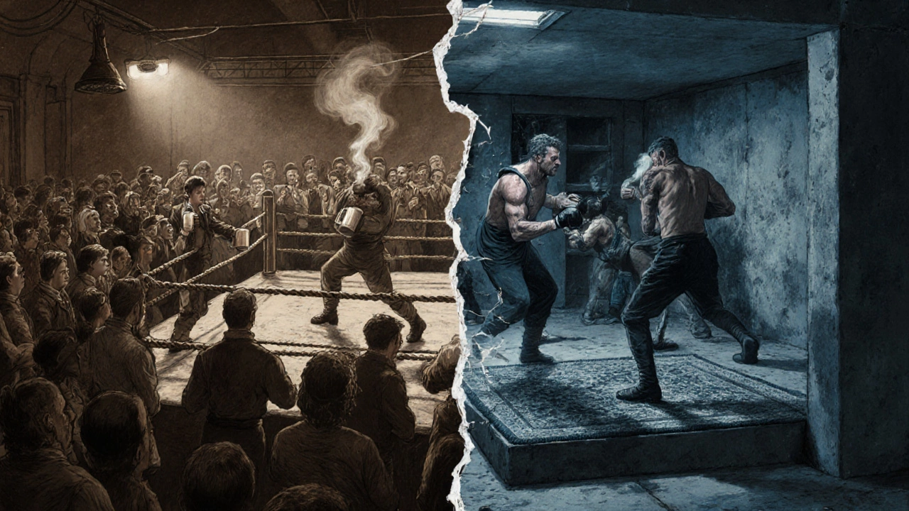 Split scene showing 1800s prizefighting and a modern illegal bare‑knuckle bout.