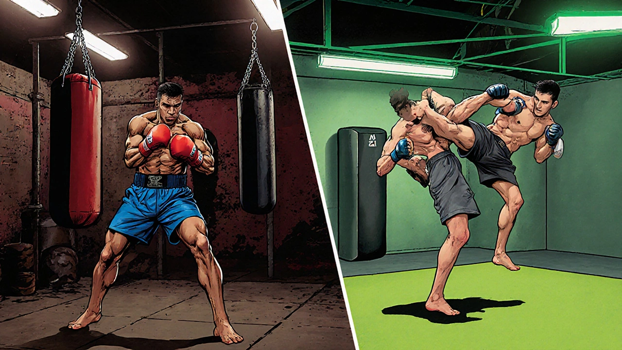 Split view of a boxer throwing a jab and an MMA athlete delivering a kick and elbow in training.