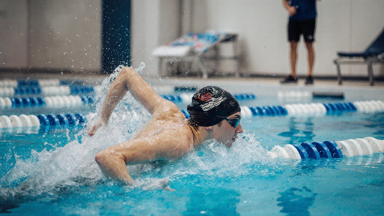Swimmer doing catch‑up drill as coach gives feedback in a pool lane.