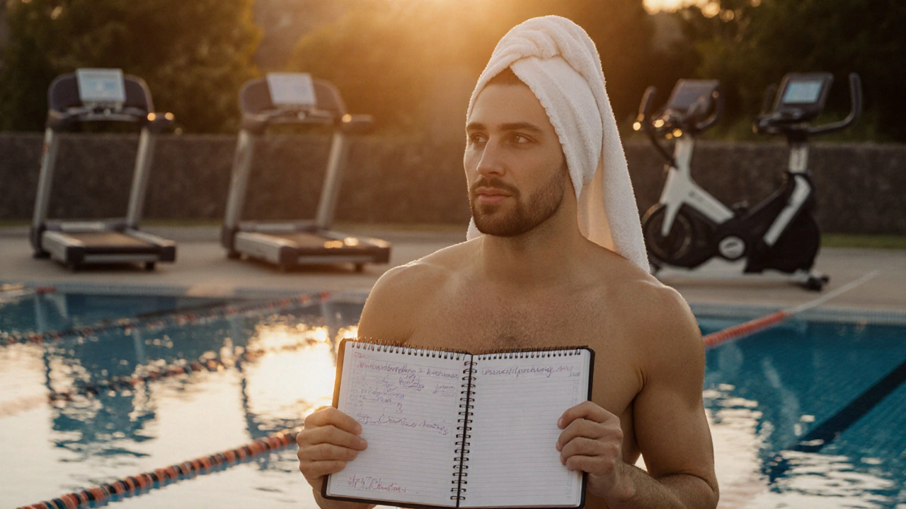 Swimmer on pool deck holding a training log with cardio equipment nearby.
