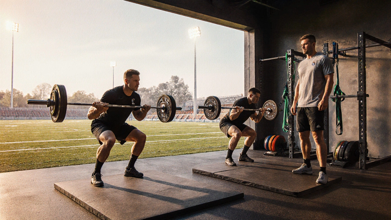Training session watercolor depicting coaches teaching safe rugby lift technique.