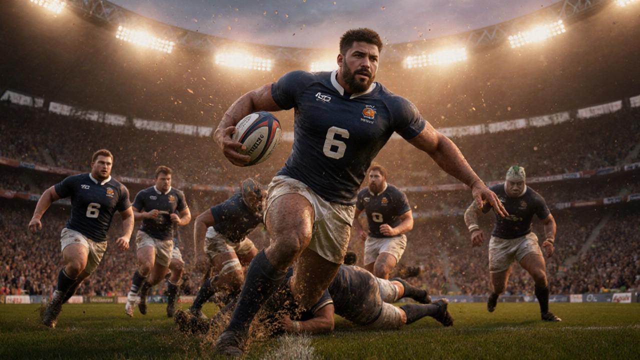 Union blind‑side flanker charging from a ruck under stadium lights.
