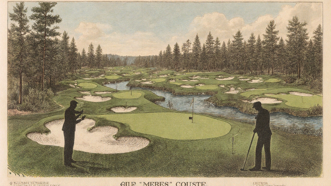 Vintage illustration of an 18-hole golf layout highlighting classic design elements by Old Tom Morris and Donald Ross.