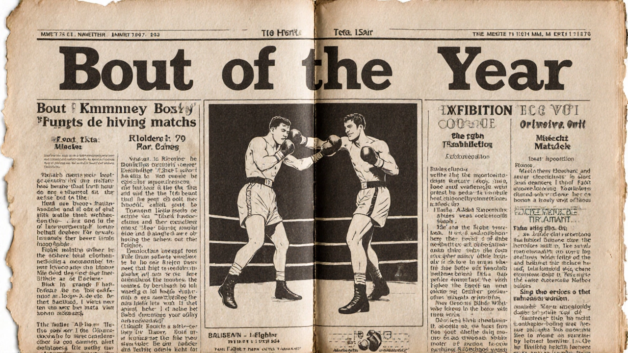 Vintage UK newspaper page with a boxing sketch and headlines about bout terminology.