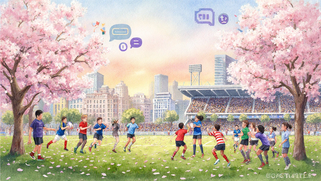 Watercolor view of emerging rugby scenes: youth, women's match, digital streaming.