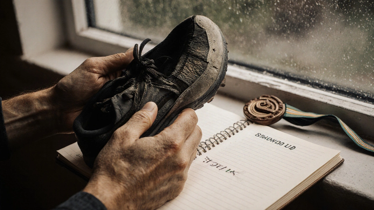 Weathered hands holding a worn running shoe beside a journal with 'Showed up today' written on it.