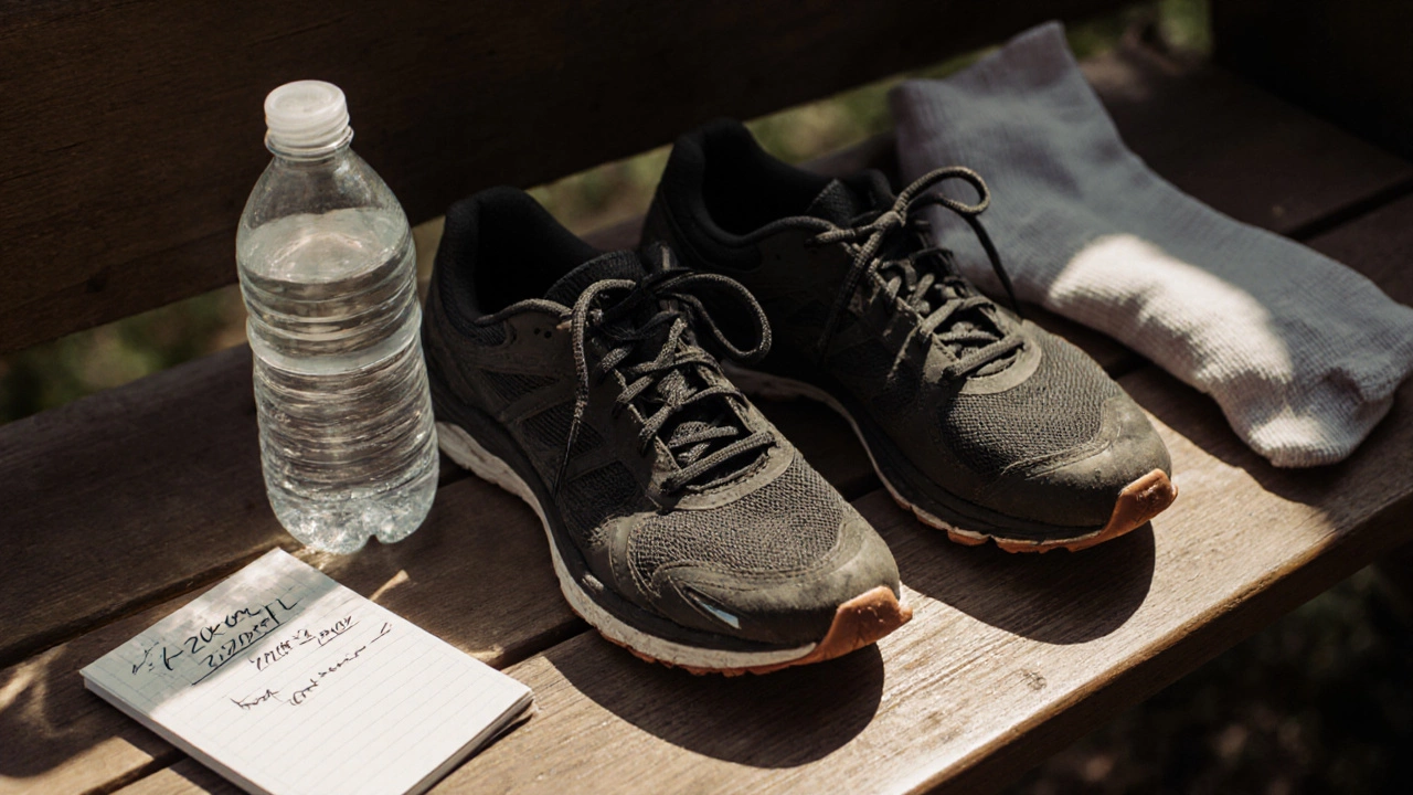 Worn running shoes on a bench beside socks and a notebook, showing signs of 720 kilometers of use.