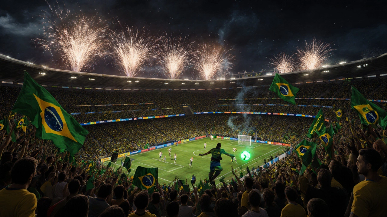 A massive nighttime crowd cheering under fireworks during a Brazilian futebol match.