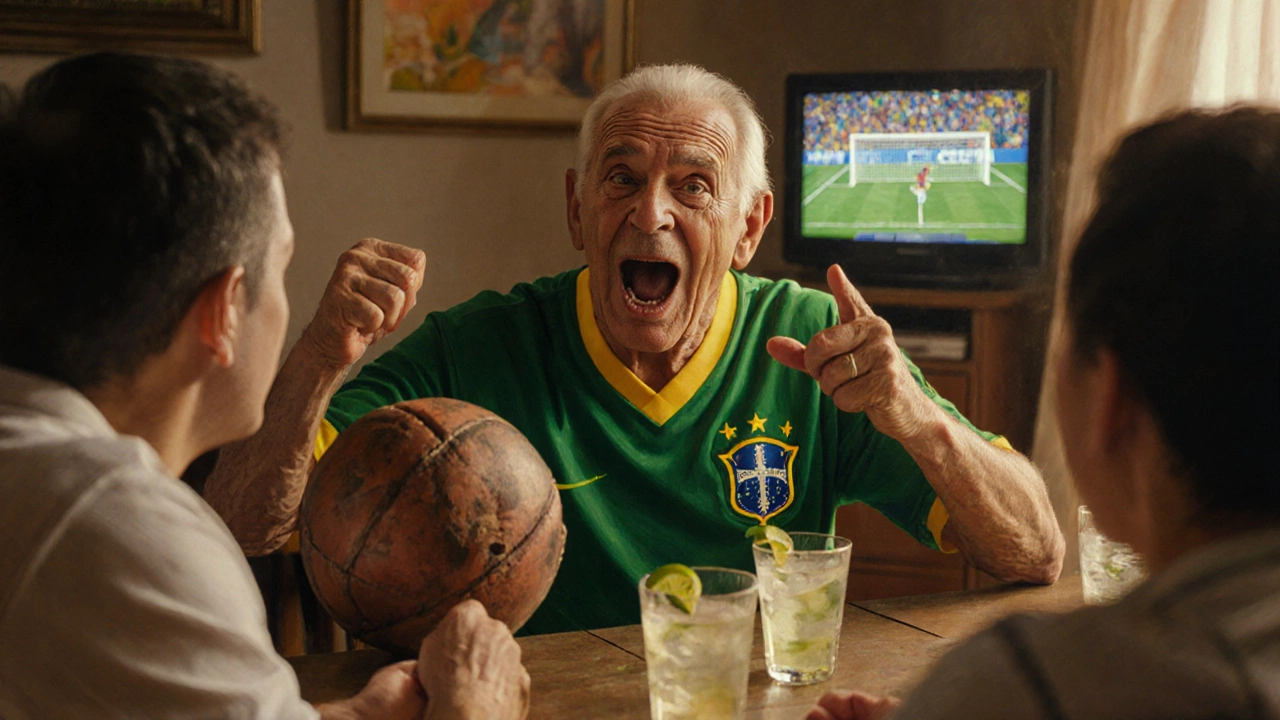 An elderly man excitedly discussing football with family over caipirinhas.
