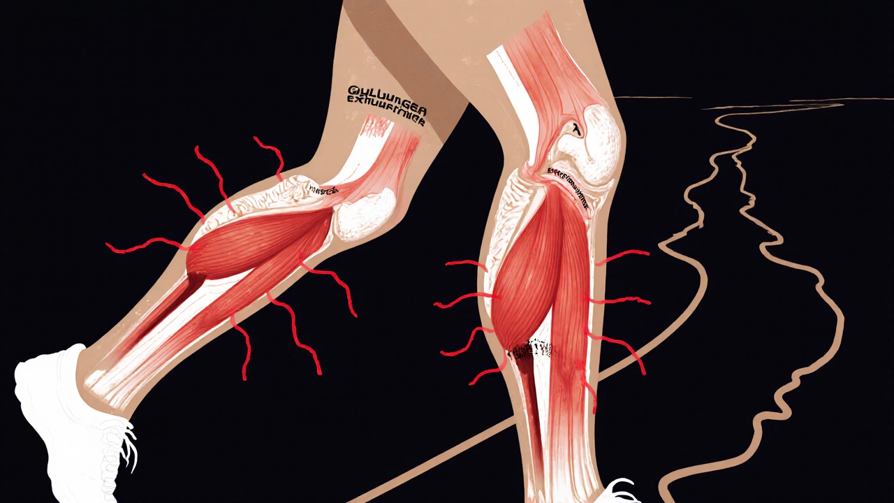 Cross-sectional view of a runner&#039;s body showing muscle damage and depleted energy stores.