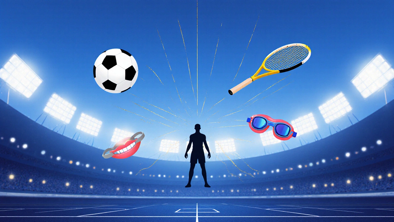 Floating sports essentials like ball, goggles, and mouthguard around a silhouette, symbolizing context-dependent gear importance.