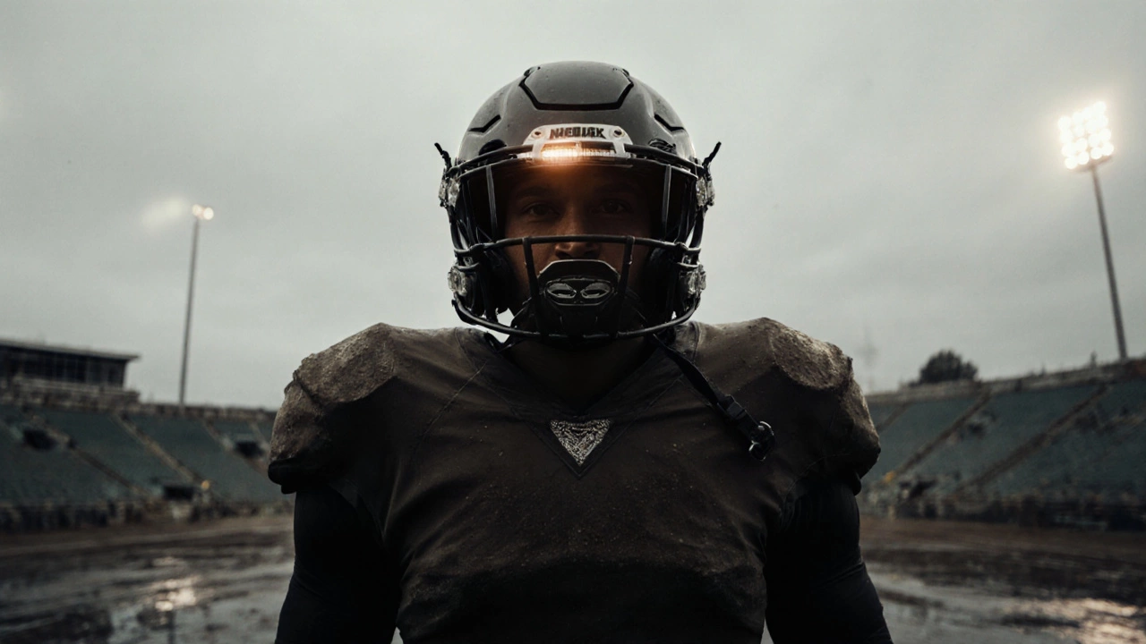 Football player in full protective gear, helmet highlighted as essential safety equipment.
