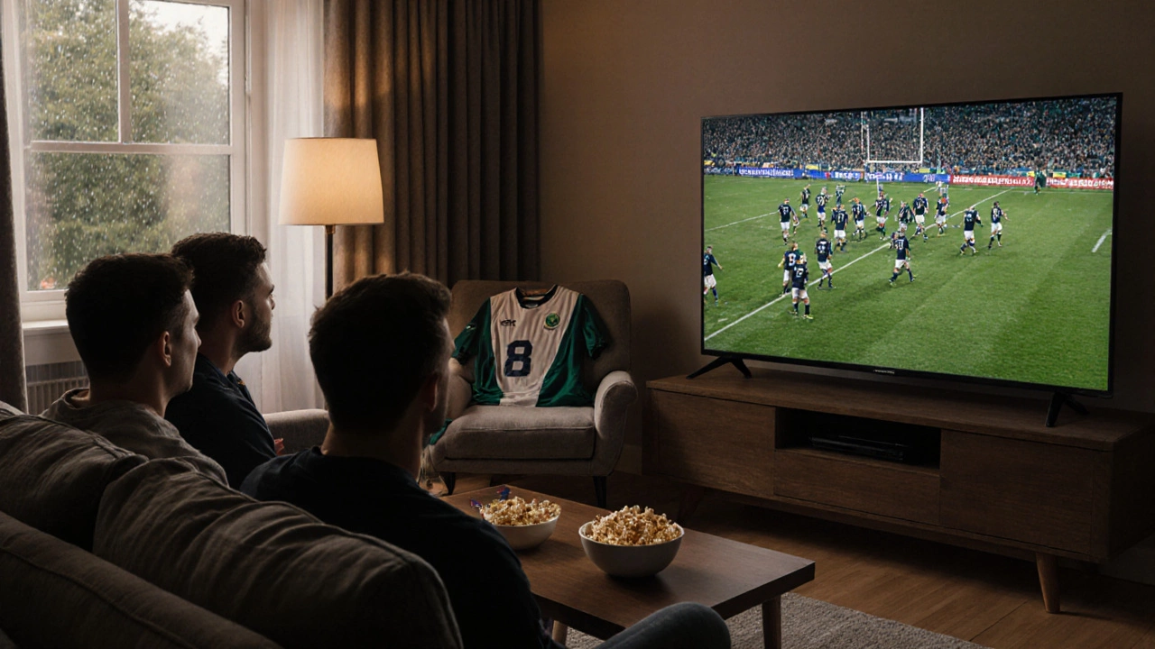Friends watching a live United Rugby Championship match on TV in a cozy Irish living room, rain outside the window.