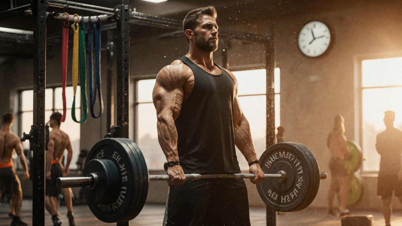 Intermediate lifter doing a deadlift in a gym during evening hours with weights and equipment in background.
